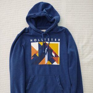 Hollister Men's Graphic Print Pullover Hoodie - BLUE - SMALL (VGC)